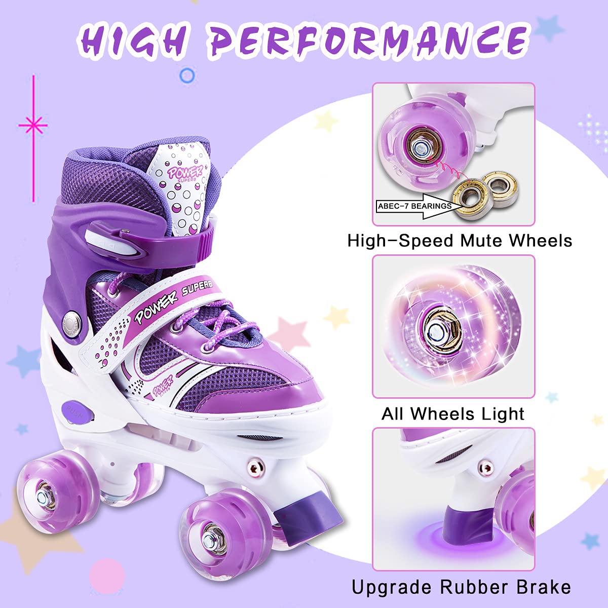 Kids Roller Skates, 4 Sizes Adjustable Beginners Boys Girls Roller Skates with Light up Wheels, High Standard Comfortable & Breathable Sports Indoor Outdoor Roller Skate Shoes (Purple-M)