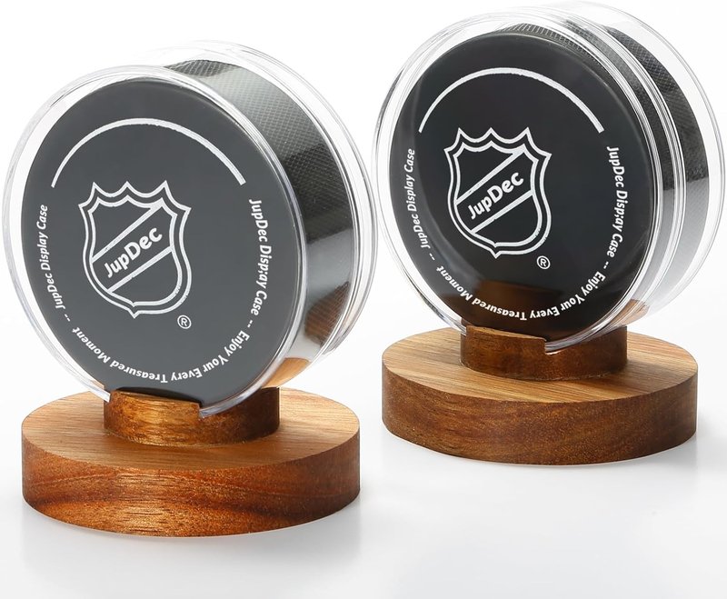 Hockey Puck Display Case - Acrylic Clear Holder with Wood Base | Perfect for Autographs & Collectibles, Brown, 2 Pack