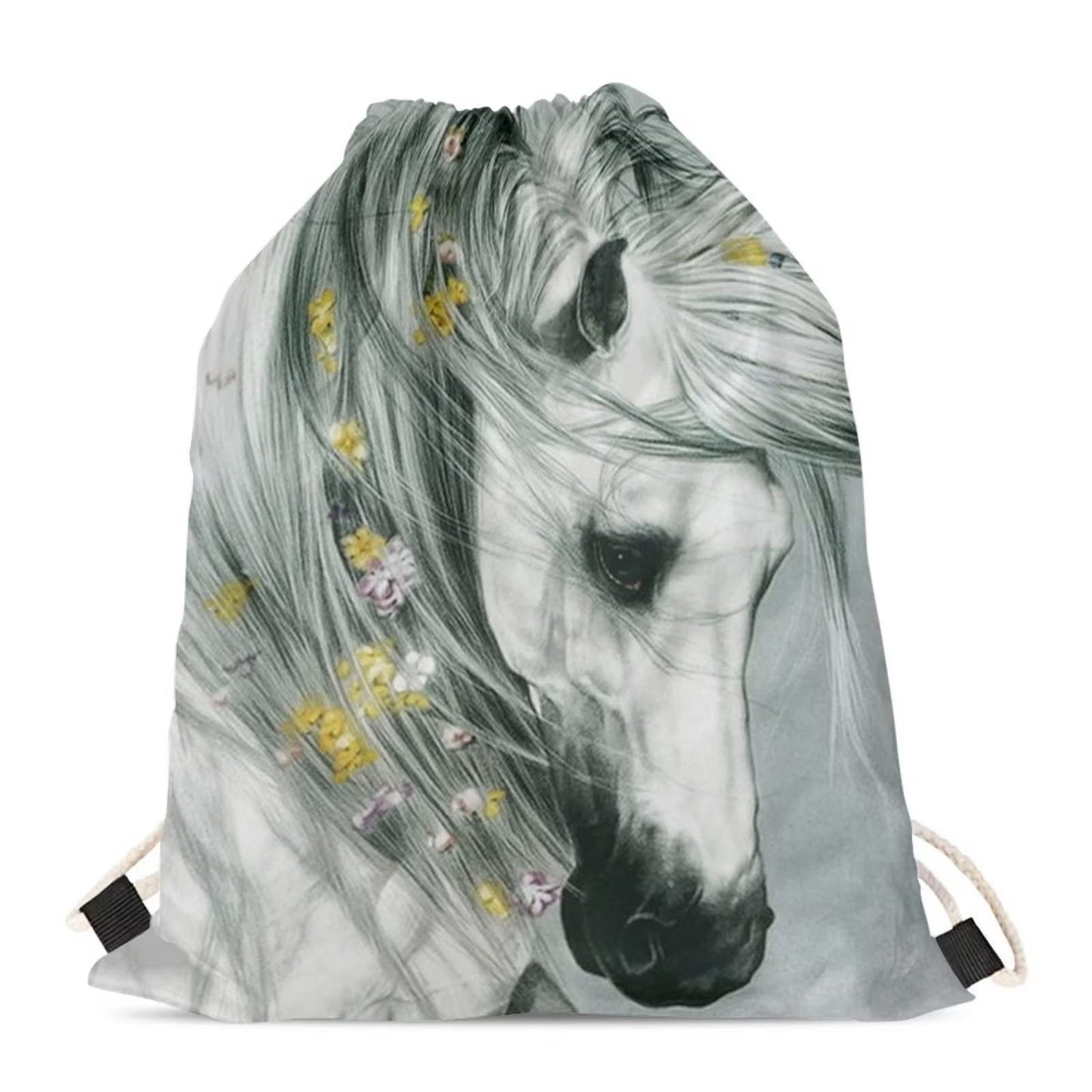 COEQINE Teen Kids Drawstring Backpack Sports Sackpack Print Grey Horse Flower Yellow,Casual Bag Capacity Daypack Gym Drawstring Gift Bags