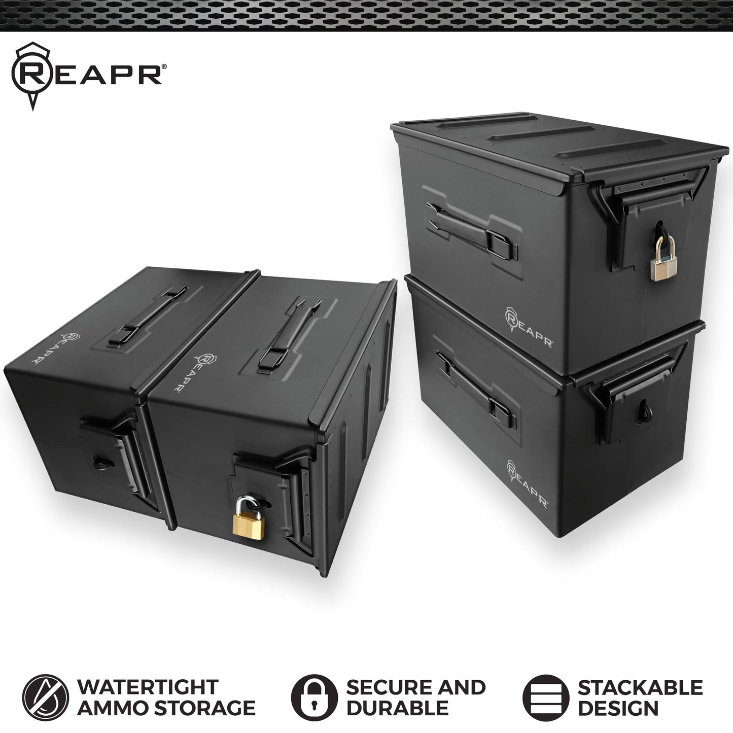 Reapr XL Ammo Box – Lockable Heavy Duty Steel Ammo Can for 9mm, 223, 50 Cal, Airtight Military Storage Case for Tools, Gear or Ammunition, Water Resistant Metal Footlocker Style Organizer
