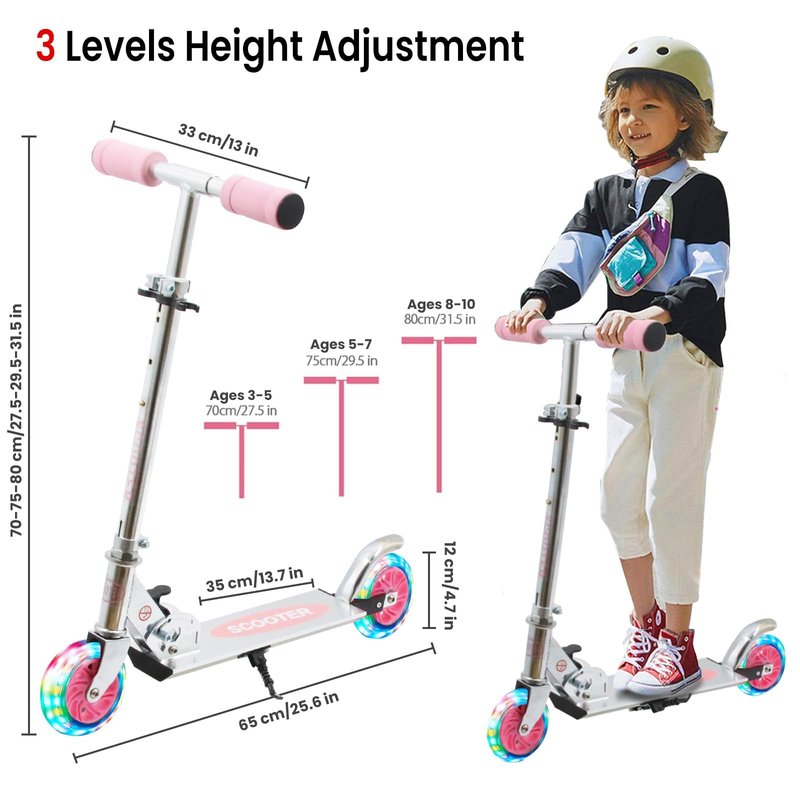 TENBOOM Scooter for Kids Ages 3+, Teens, Foldable Kick Scooter with Light up Wheels, Kickstand, 3 Adjustable Levels, Rear Brake, Lightweight Boys Girls Toys for Kids 5-7, Black