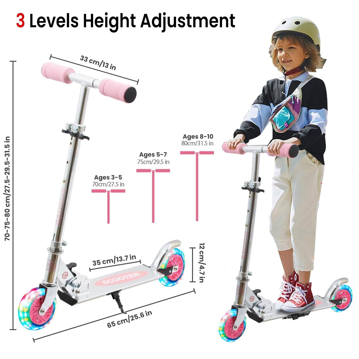 Scooter for Kids Ages 3+, Teens, Foldable Kick Scooter with Light up Wheels, Kickstand, 3 Adjustable Levels, Rear Brake, Lightweight Boys Girls Toys for Kids 5-7, Silver Pink