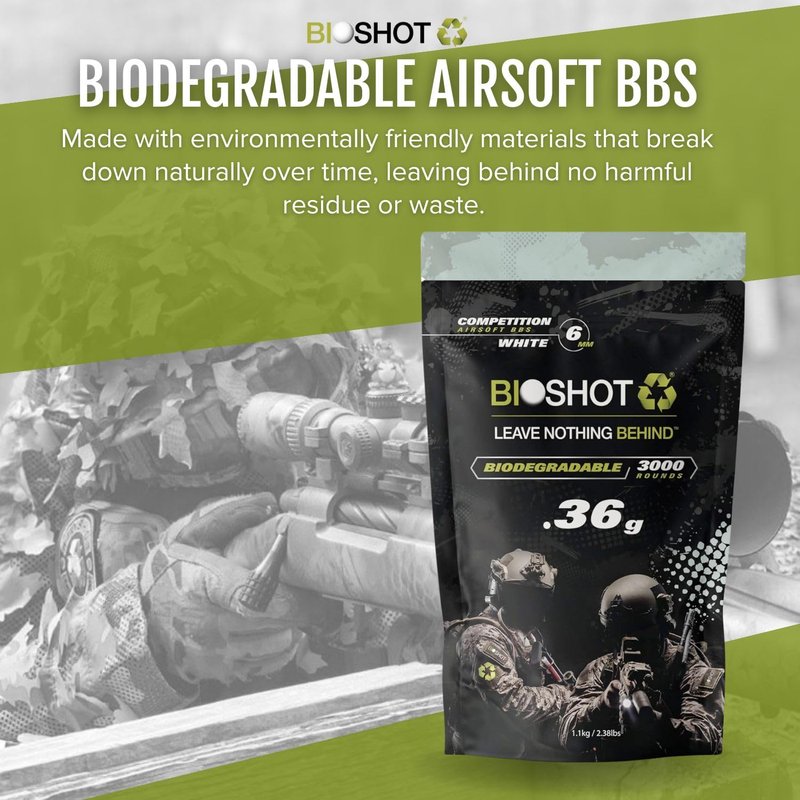 BioShot Biodegradable Airsoft BBS - .36g Super Slick Seamless Sniper Weight Competition Match Grade for All 6mm Airsoft Guns and Accessories (3000 Rounds, White)