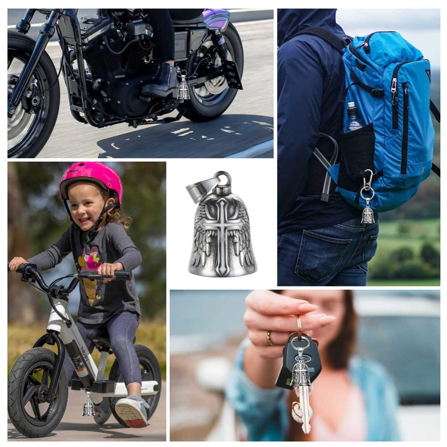 CTZSR Motorcycle Bell Guardian Angel - Good Luck Charm Gift For Rider Men Kids Friends With Gift Box, Legend Card, Keychain And Hanger & Weather-resistant Gremlin Bells For Bike Car (White)