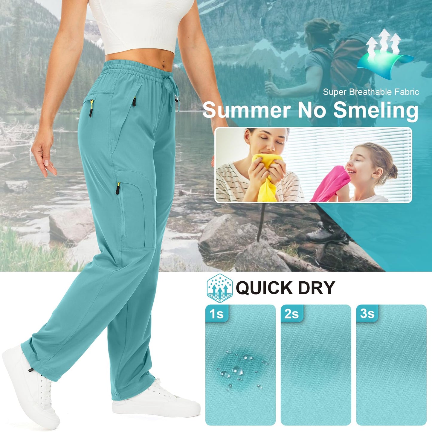 Toomett Women's Hiking Pants Quick Dry UPF 50 Travel Golf Pants Lightweight Camping Work Cargo Pants Zipper Pockets,6608,Lake Green,L