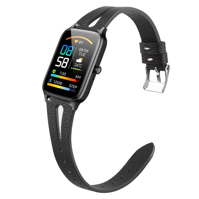 Lamshaw Compatible with Dyurwa P97 & Soudorv P97 Smart Watch Band, Slim Vintage Leather Strap, Black, 5.5' - 7.5'