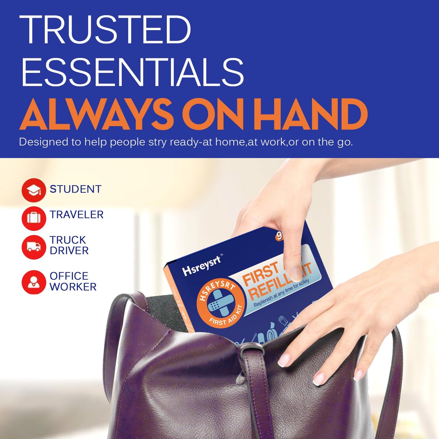 Hsreysrt-First Aid Refill Kit for Home, Car & Travel, Wound Care Supplies with Scissors, Tweezers, Assorted Bandages & Adhesive Bandages
