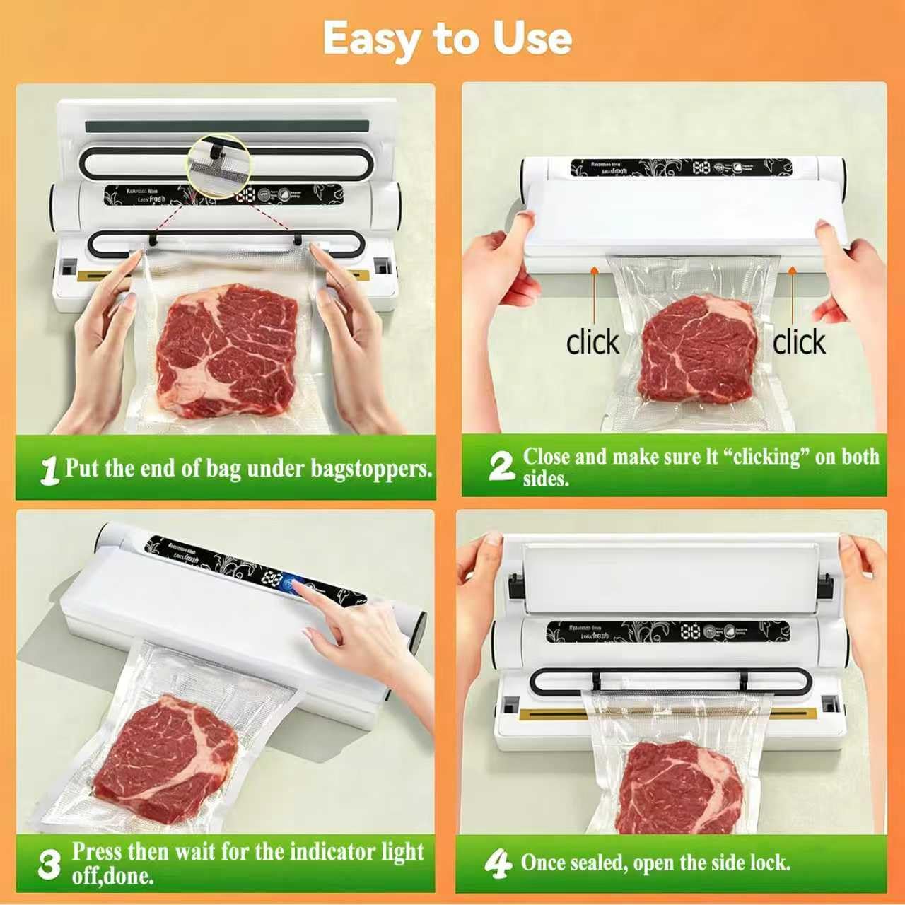 Food Vacuum Sealer Machine, 75KPA Strong Suction, Dry/Wet Modes, 20 Bags Included, Digital Countdown Timer, LED Indicator, Compact Design for Home Kitchen and Food Storage