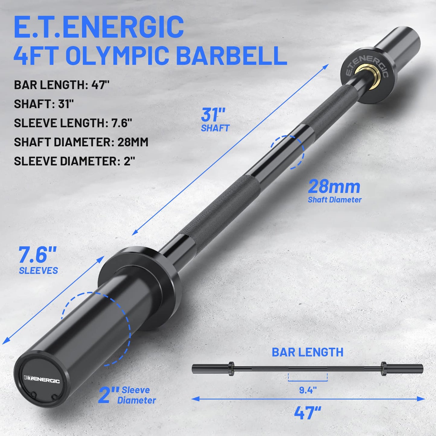 E.T.ENERGIC 4ft Olympic Barbell, 47" Barbell 500-lbs Capacity Black Bar Solid Steel Hard Chrome Finish for 2" Olympic Plates, for Weightlifting, Powerlifting, Gym Home Exercises…