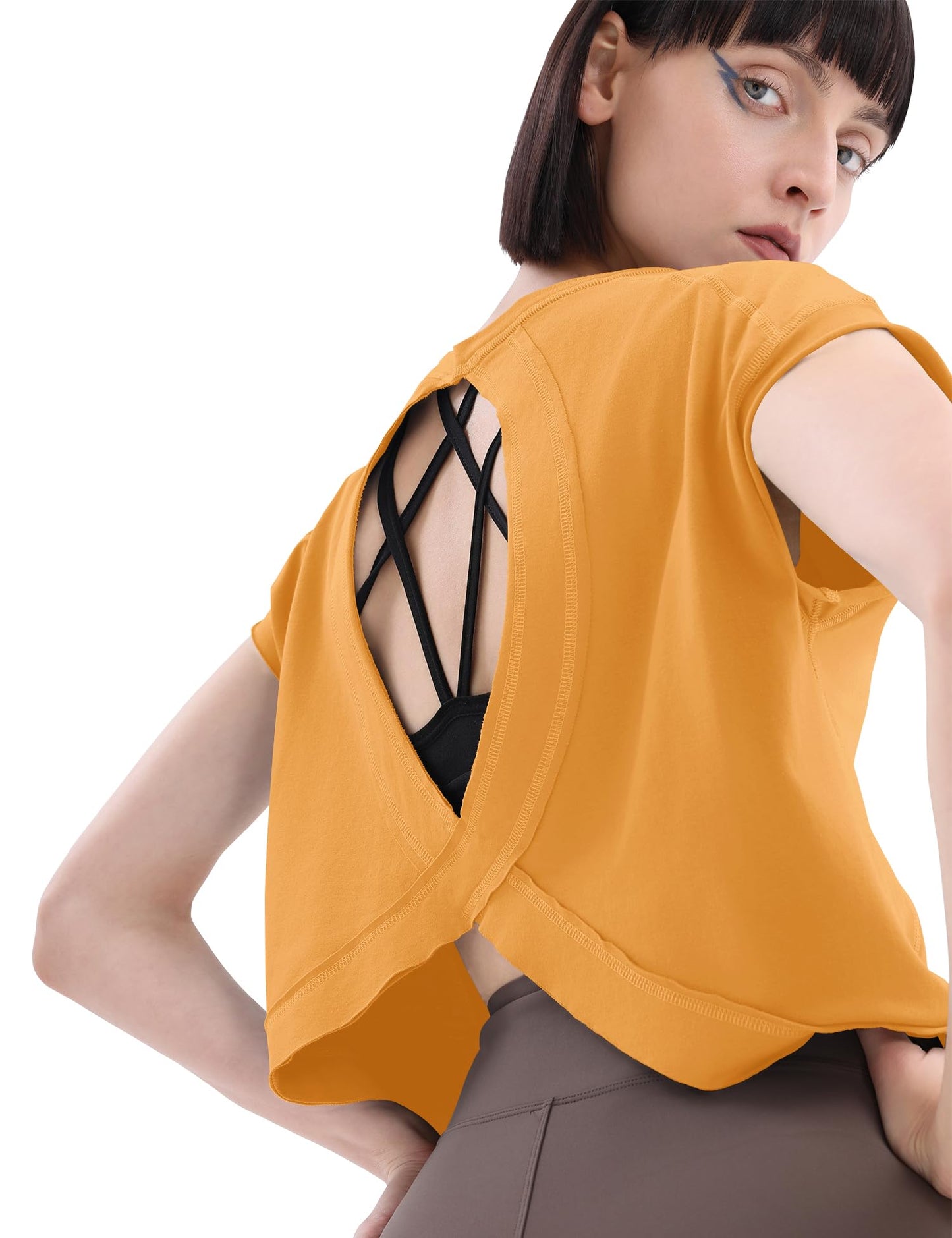 Loovoo Women's Crop Tops Workout Tshirt for Women Open Back Gym Athletic Tee Shirt Trendy Short Sleeve Shirts Cute Womens Boutique Top Orange S