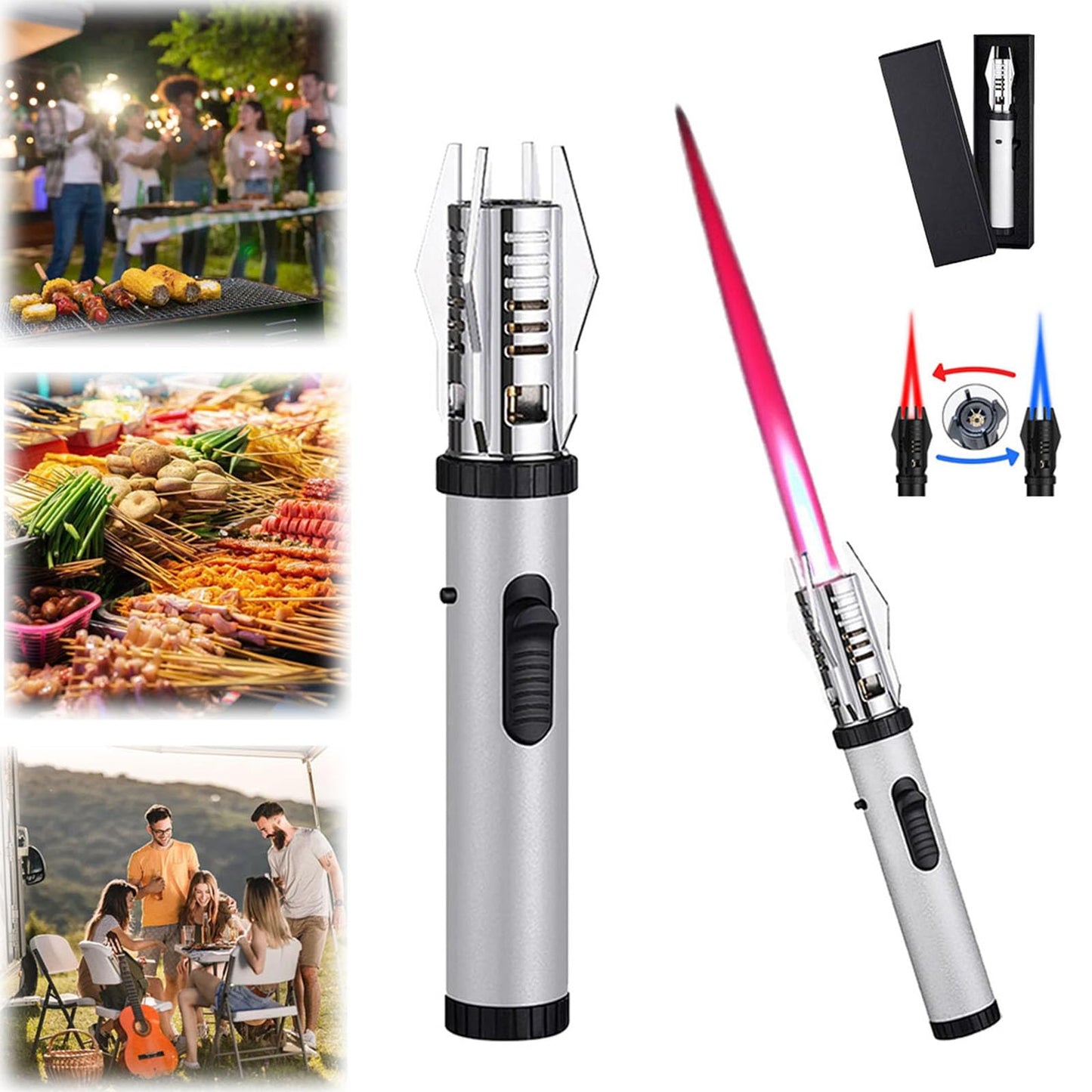 Camping Outdoor Windproof Straight Flame Lighter, Metal Straight Torch Blue Flame Lighter, Lightsaber Lighter, High Temperature Spitfire Household Kitchen Torch Lighter (Silver)