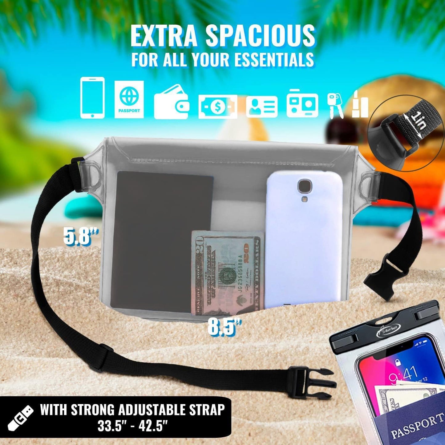 AiRunTech Waterproof Cell Phone Bag - 4 Pack Clear Pouches for Outdoor Activities - Universal Fit for iPhone and Other Devices - 2 Phone Cases + 2 Fanny Packs