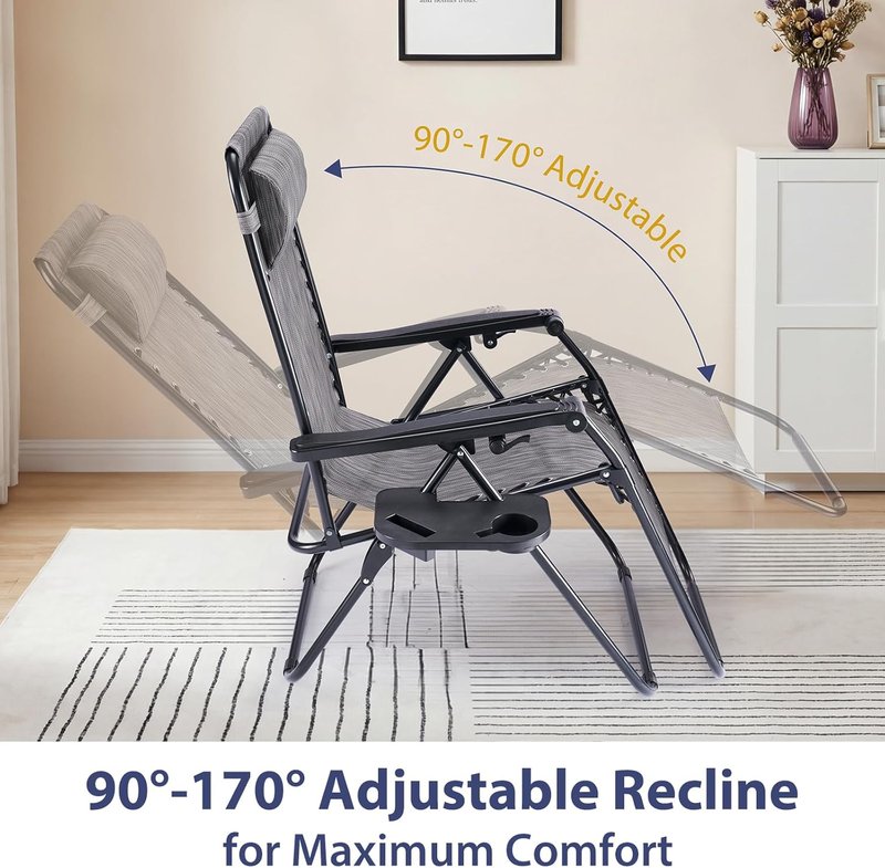 Zero Gravity Chairs - Set of 2 Portable Recliner Beach Lounge Chairs with Cup Holder & Adjustable Pillow | Grey