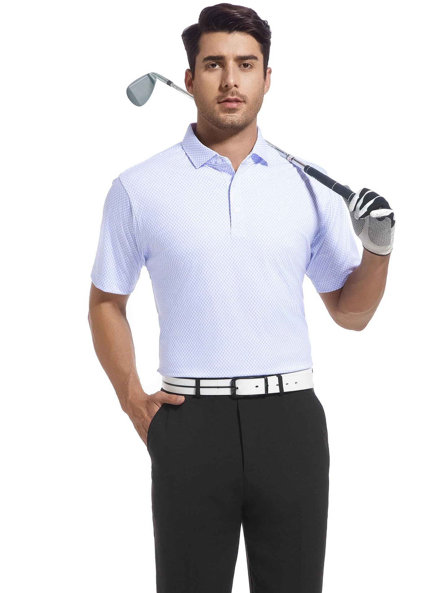 Esabel.C Mens Golf Shirts Print Moisture Wicking Short Sleeve Performance Dry Fit Stretch Active Polo Shirts for Men,BlueWhiteRing,XL