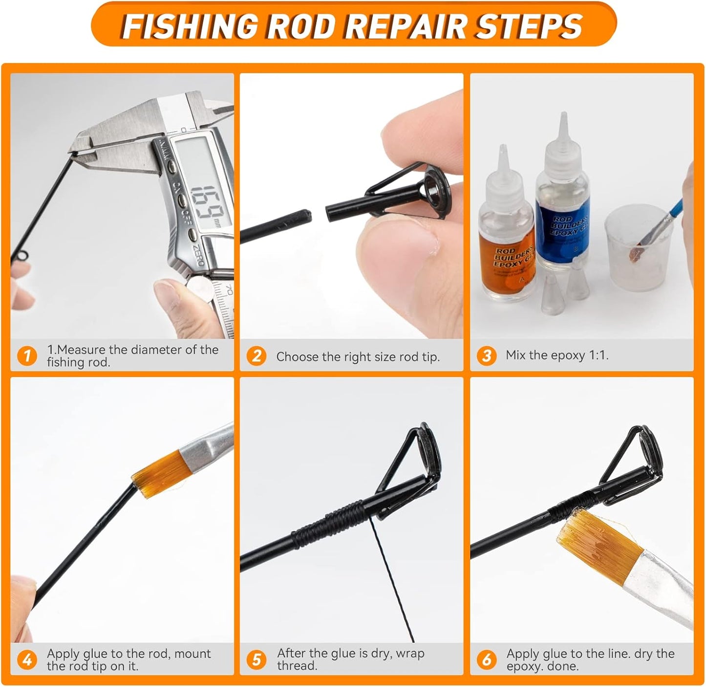 THKFISH Fishing Rod Tip Repair Kit - 42pcs with Glue, Stainless Steel & Ceramic Guide Tips | 6 Sizes Available