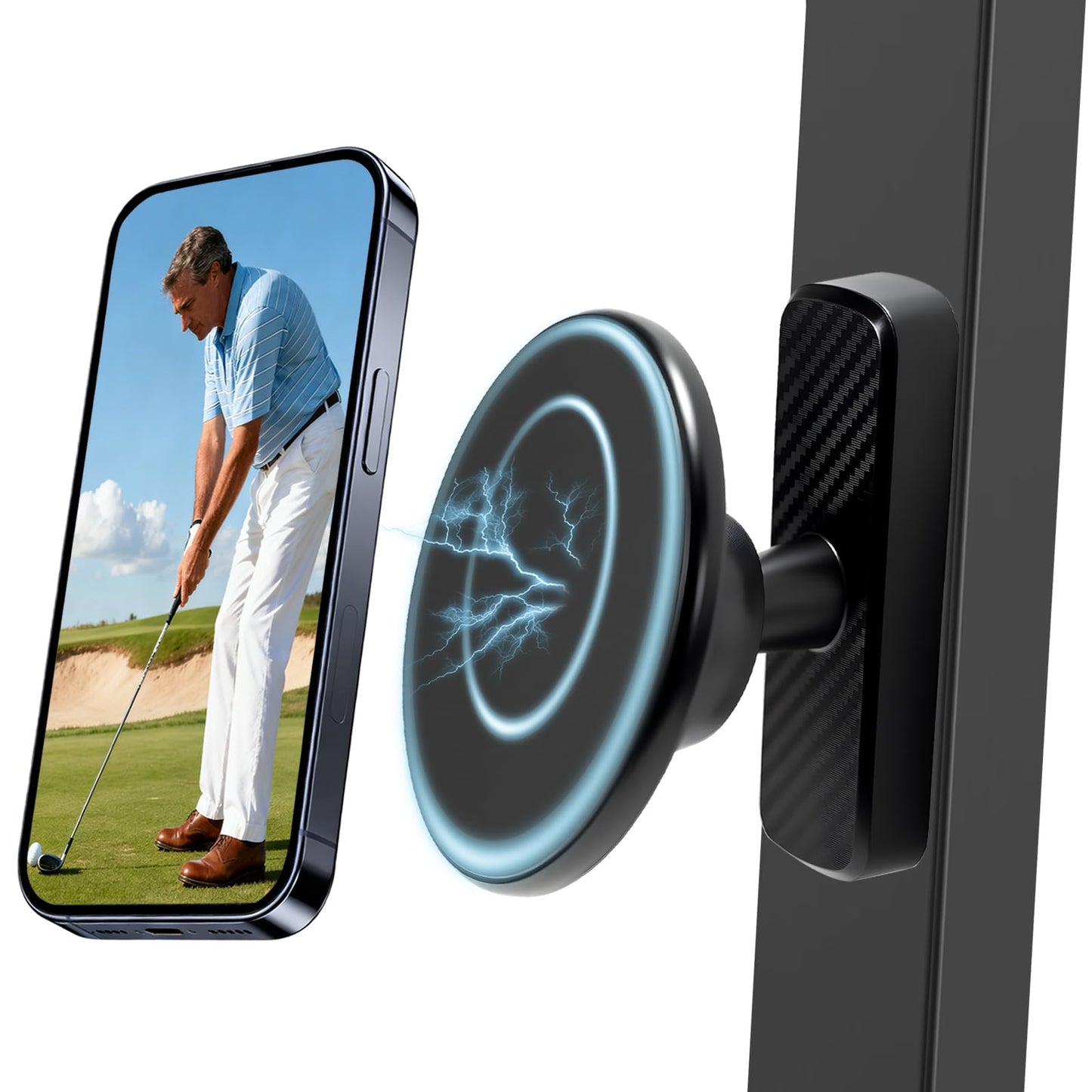 Nkmooxe Magnetic Phone Mount, Golf Cart Accessory, 360° Rotatable and Adjustable, Compatible with MagSafe iPhone and All Smartphones, Suitable for Refrigerator, Shelves, Kitchen, Gym, etc