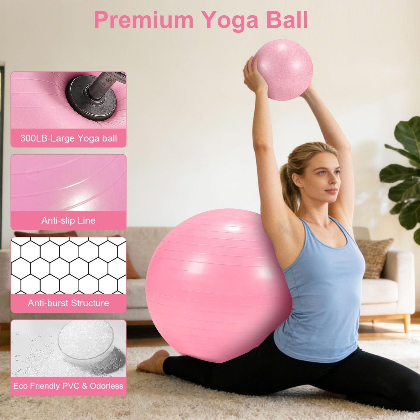 4Pcs Yoga Ball Set includes Large and 9in Pilates Balls, Massage & Spiky Ball for Fitness ,Anti-Burst Exercise Ball with Pumb for Pregnancy,Physical Therapy,Office Chair, Home Workout,3Sizes,Pink