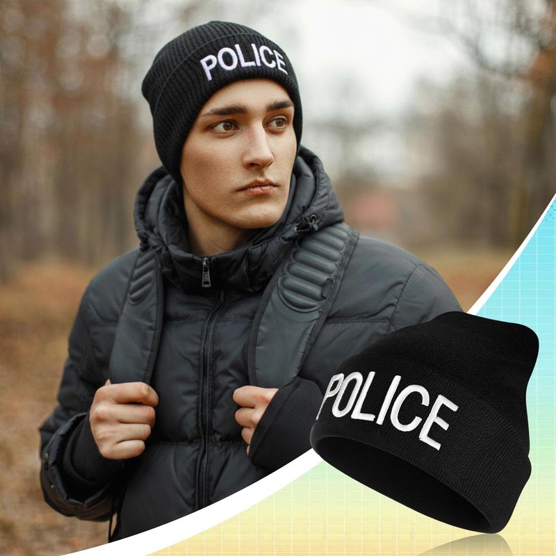 Panitay 6 Pcs Cuffed Beanie Knitted Beanie Hat Embroidered Hat Black Winter Skull Cap for Men Women (Police)