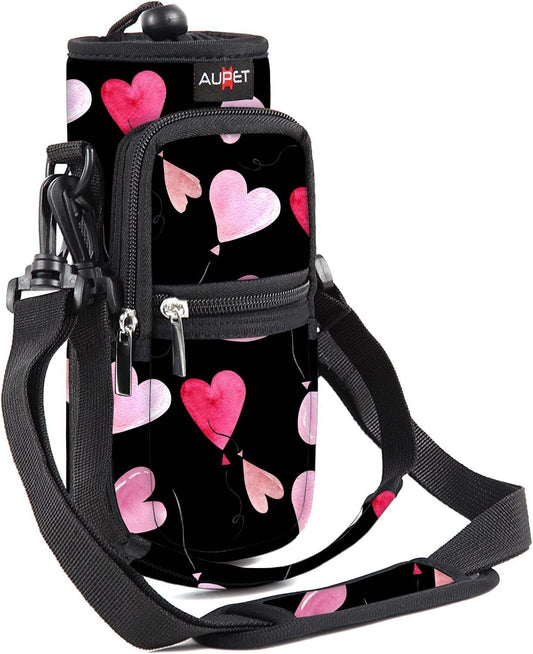 AUPET Water Bottle Sling Bag Sleeve Holder Carrier 25/32/40/64 oz,Insulated Crossbody Water Bottle Case Cover with Strap and Pockets for Men/Women Walking Hiking Camping (40oz, pink heart)