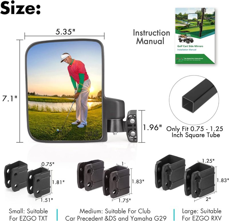 10L0L Golf Cart Side Mirrors, No Drilling Universal Rear View Mirror Folding Adjustable 180 Degree for EZGO Club Car Yamaha 0.75' 1' 1.25' Square Tube