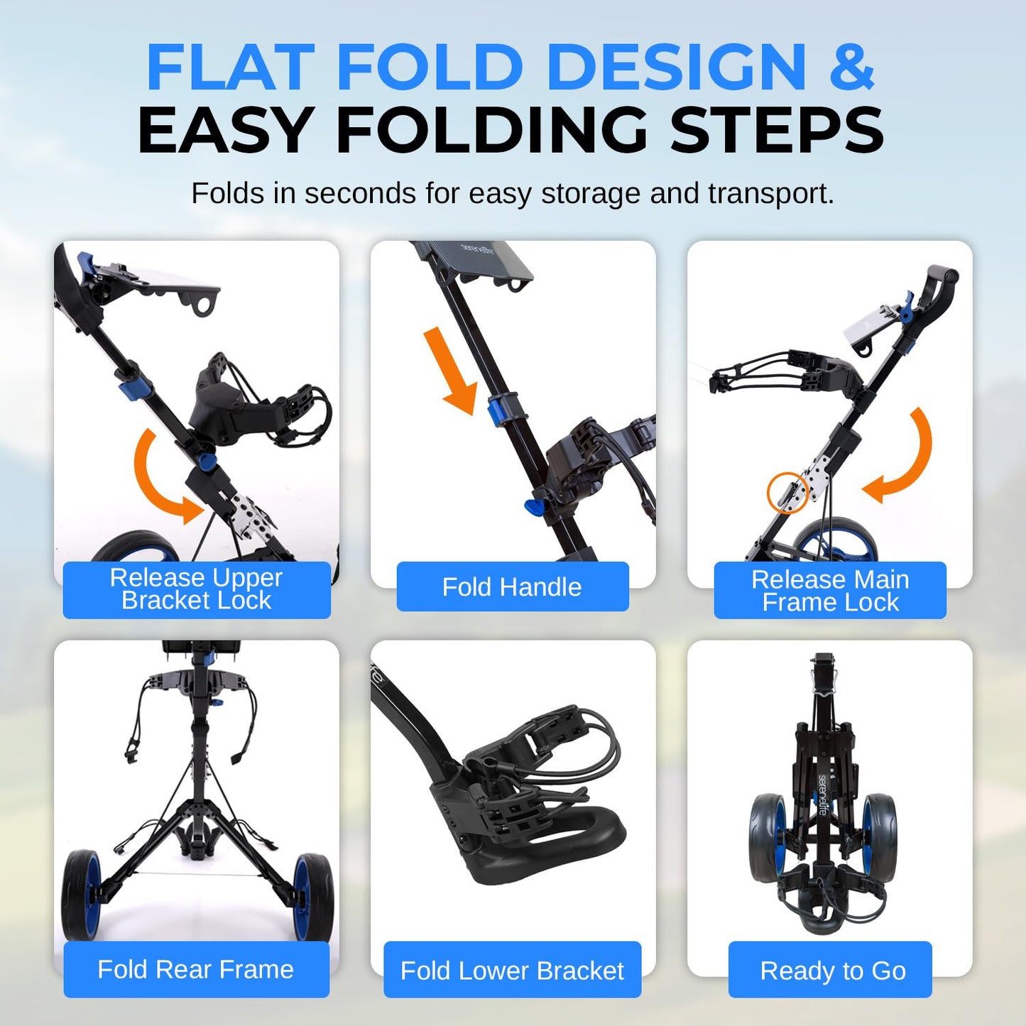 SereneLife Golf Push Pull Cart with Deluxe Scorecard Holder, Adjustable Handle, Upper & Lower Strap Brackets, Lightweight Foldable Design with Quick Brake & Compact Folding