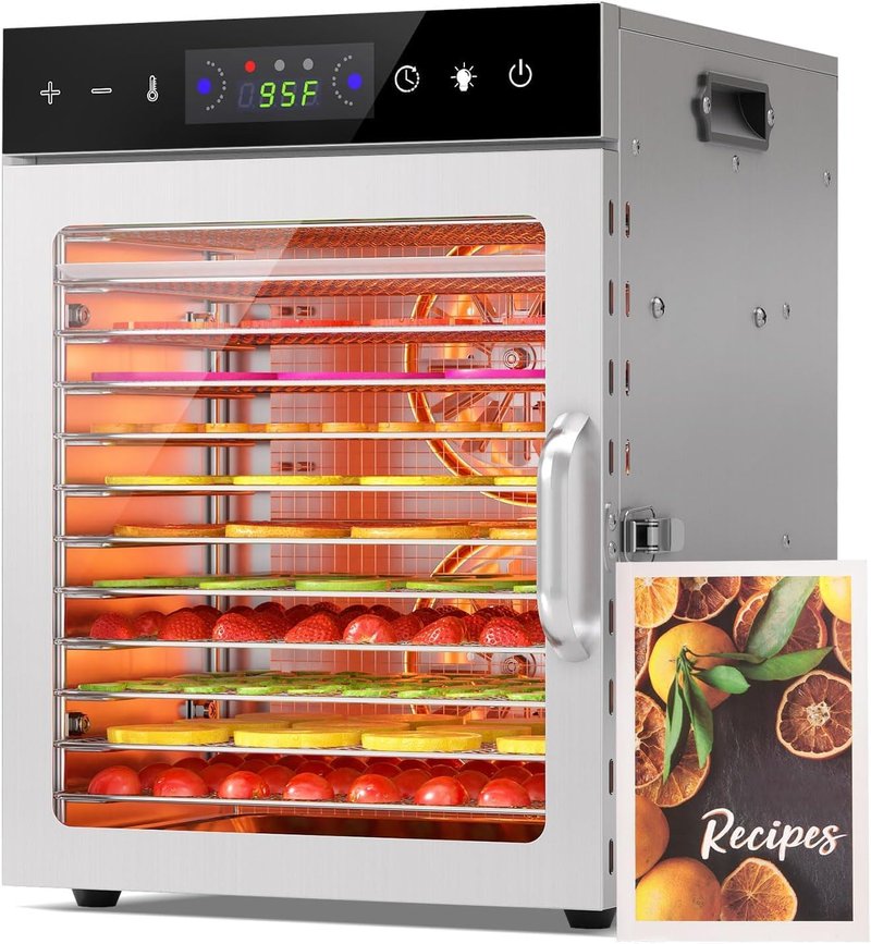 Food Dehydrator Machine - 12 Stainless Steel Trays, Digital Timer & Adjustable Temp Control for Jerky, Fruits | BPA-Free, Overheat Protection, Recipe Book Included