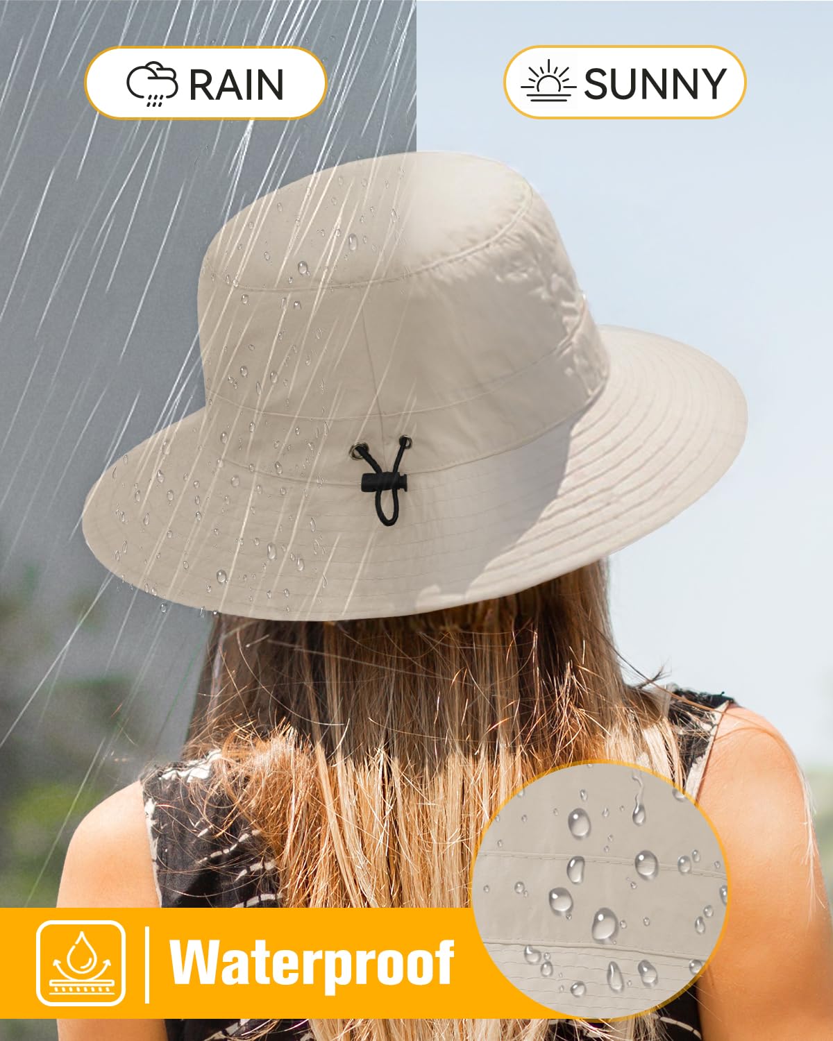 Rain Hat for Women Waterproof - Foldable Safari Hat Sun UV Protection & Rainproof Bucket Hats Perfect for Rainy Days, Beach, Fishing, Hiking and Outdoor Adventures Khaki