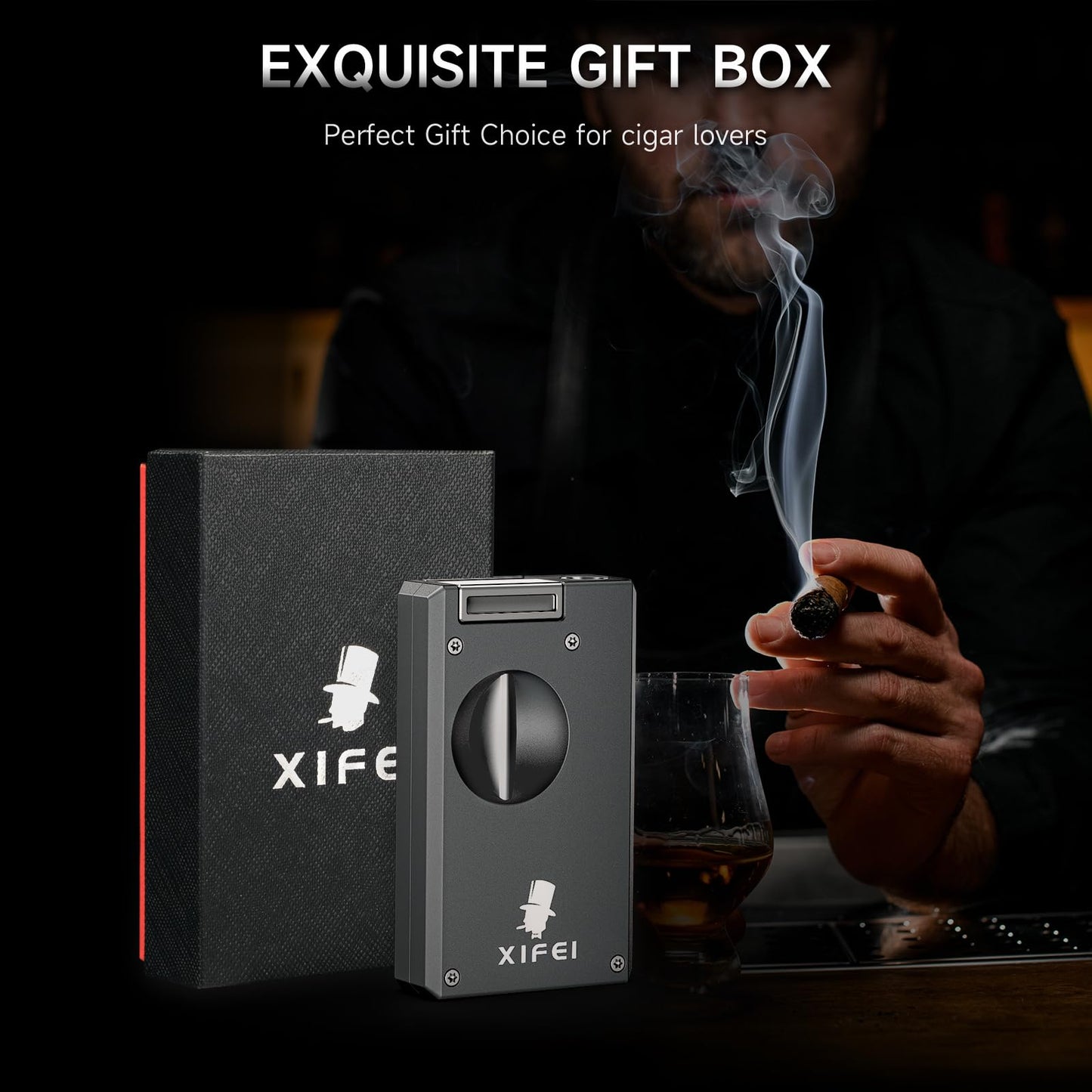 XIFEI Cigar Lighter, Personalized Adjustable Jet Soft Flame, Portable Torch Lighter with V Cut Cigar Cutter, Cigar Punch, Creative Gifts for Men, Windproof Refillable Butane Lighters