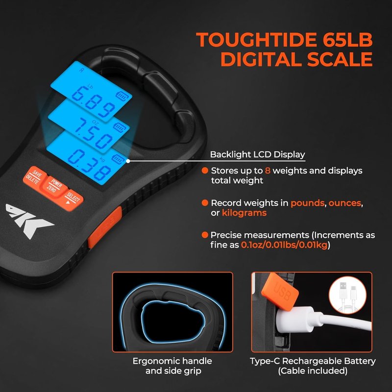 KastKing ToughTide Fishing Scale - Ultra-Thin Digital Design, 65lb Capacity | USB Charging, LCD Display, Ergonomic Handle