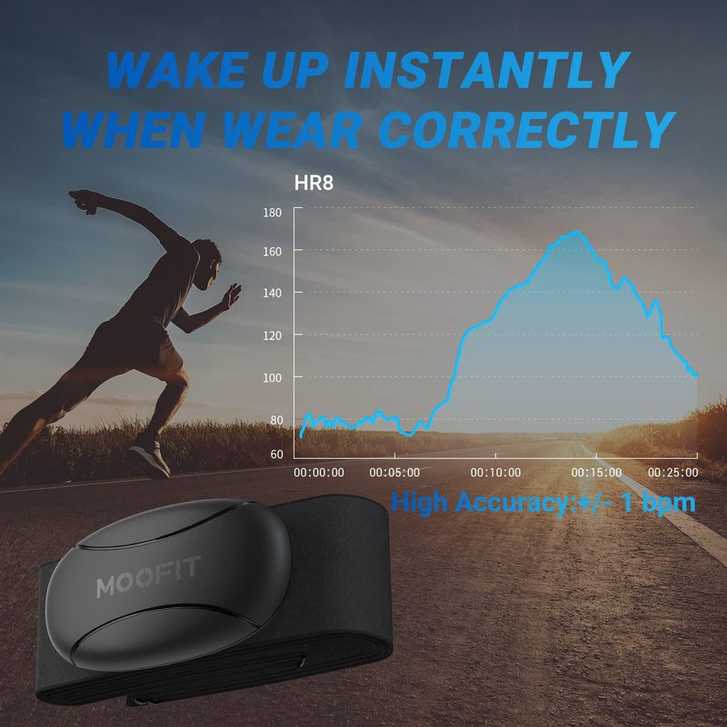 moofit HR8 Heart Rate Monitor Chest Strap, Low Energy Real-Time Heart Rate Data Bluetooth 5.0/ANT+, Longer Communication Range, IP67 Waterproof, Compatible with iOS/Android Apps, Gym Equipment, Black