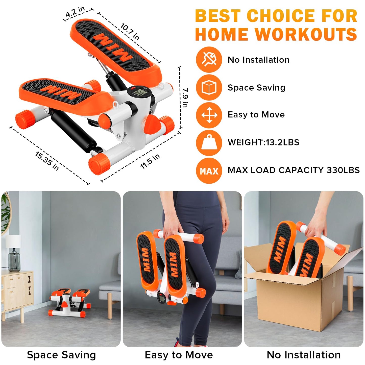 VZA Steppers for Exercise at Home,Mini Stepper with Resistance Bands and LCD Monitor,Stair Stepper with Non-Slip Mat and 330lbs Loading Capacity.