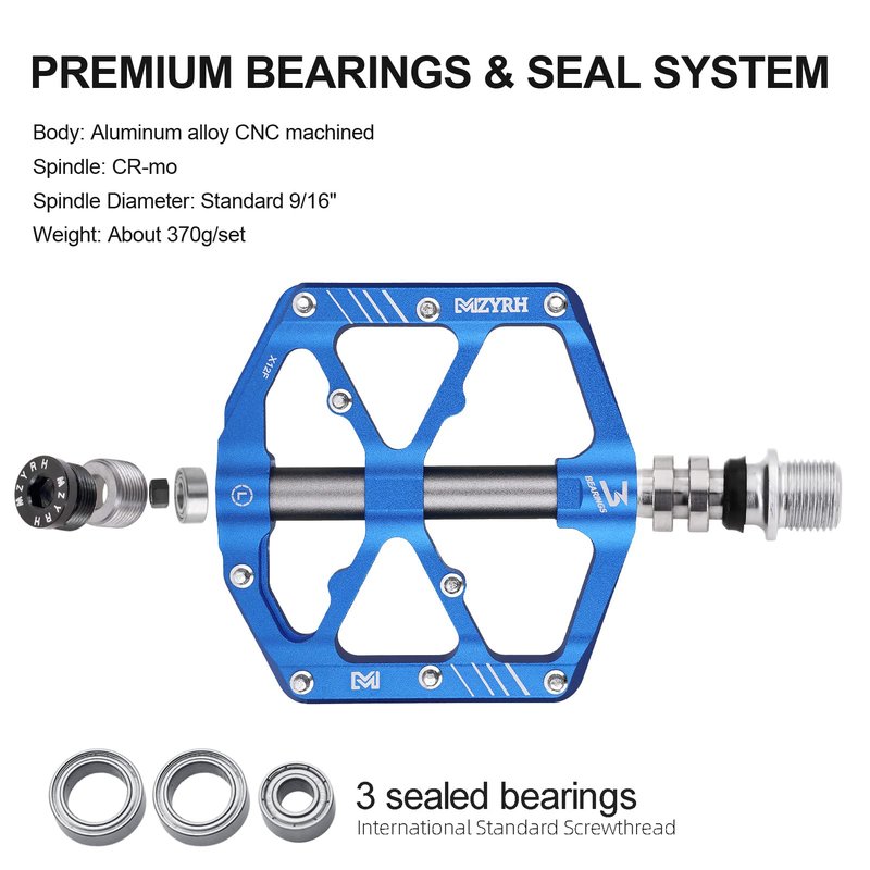 MZYRH Mountain Bike Pedals,Bicycle Pedals with Reflectors,Lightweight Aluminum Alloy MTB Pedals 3 Sealed Bearings Bicycle Platform Pedals 9/16" BMX Road Bike Pedal