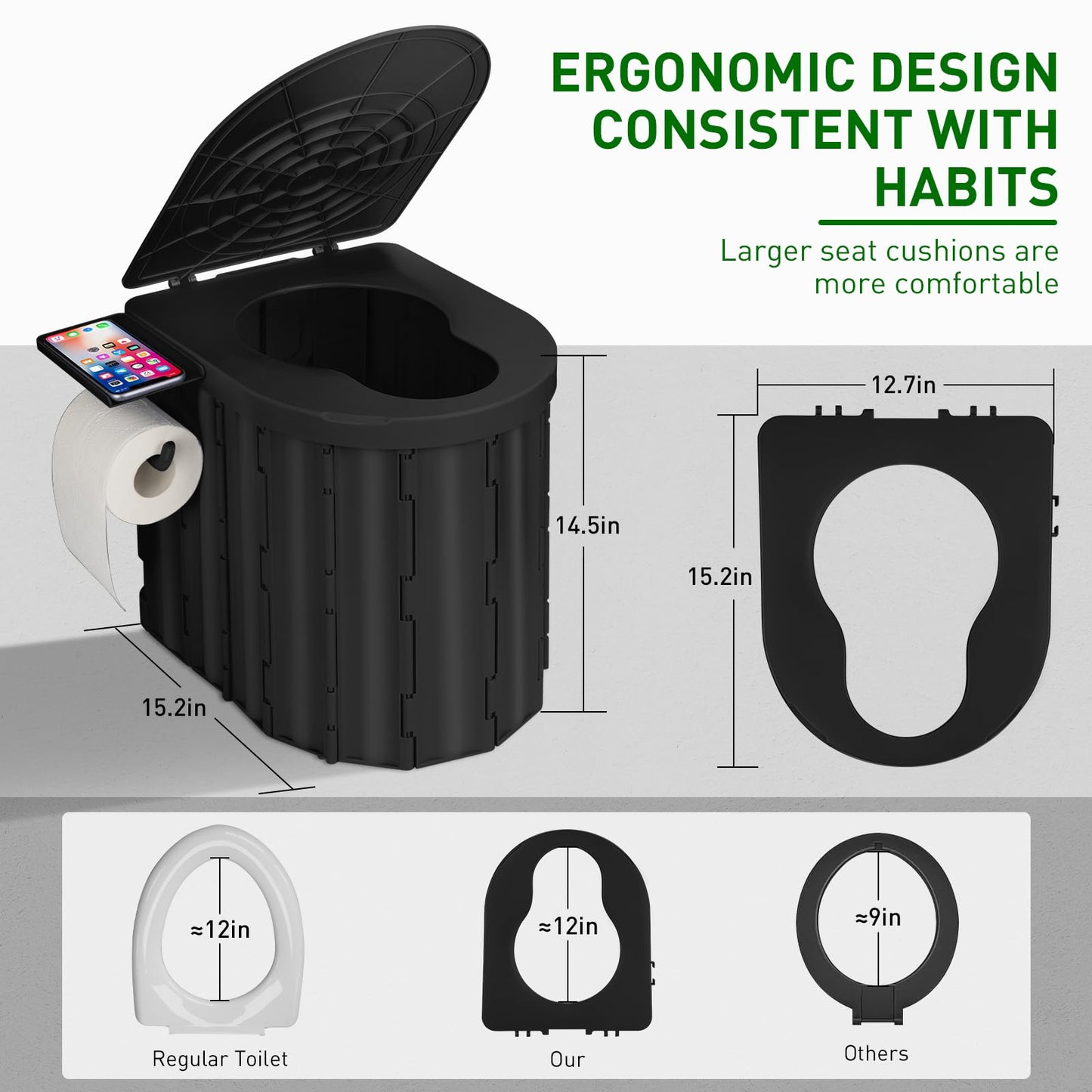 Thallike Portable Camping Toilet with Pop-Up Privacy Tent, 12-inch Toilet Seat, Outdoor Portable Folding Toilet Potty for Adults Load Capacity of 400 Lbs, LED-Light Camping Bathroom (Army Green)