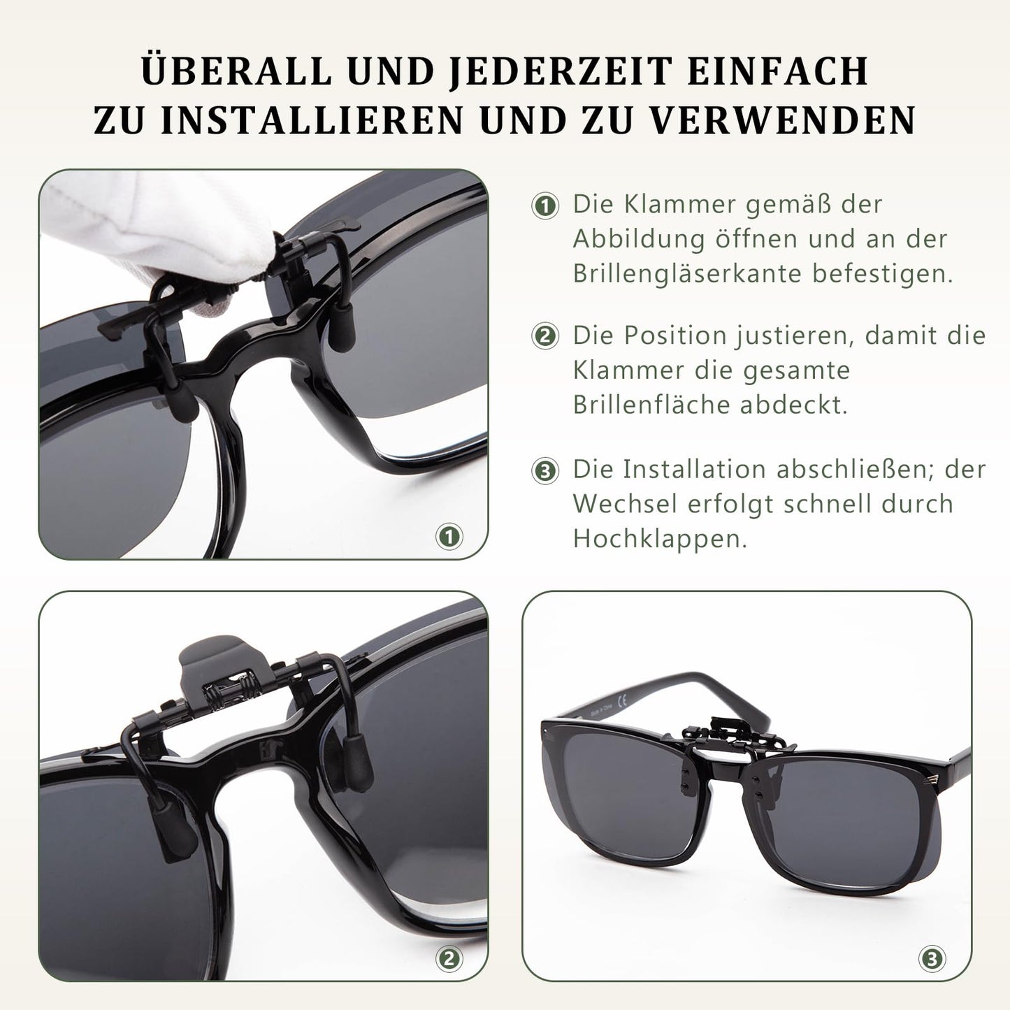JO Polarized Clip-On Sunglasses UV400 Anti-Glare Lenses Laser Edge Design Unisex (Black 7801, 43mm X 60mm)