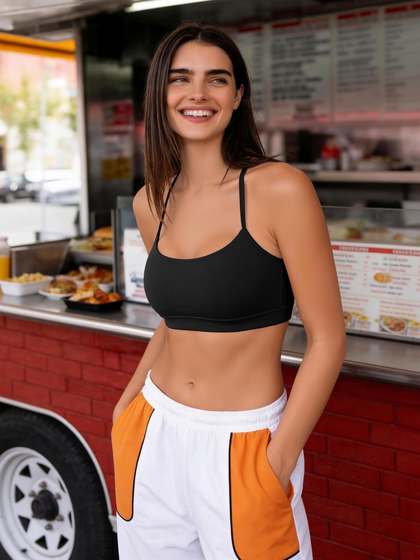 ODODOS Cloud Feeling Y Racerback Sports Bra for Women Wirefree Padded Strappy Yoga Bra, Black, X-Large