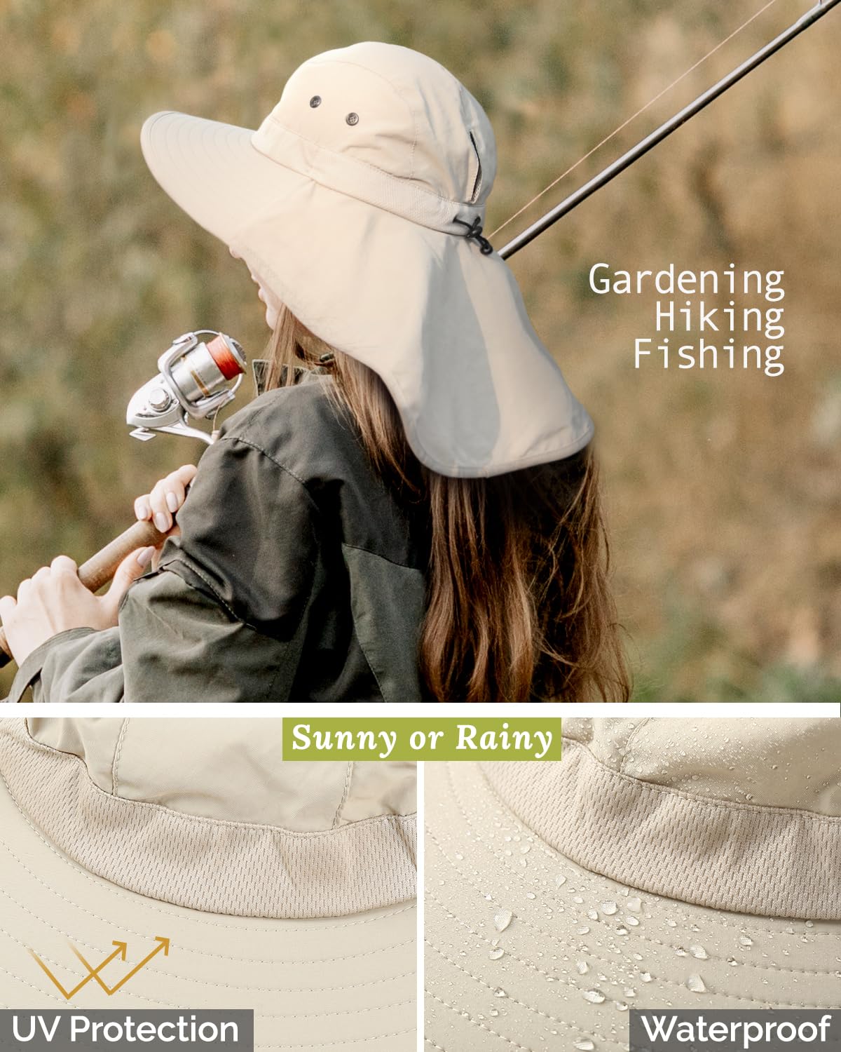 Creekstone Wide Brim Sun Hat with Neck Flap, UPF 50+ UV Protection Hiking Fishing Gardening Hat Waterproof Rain Hat Women Men (US, Alpha, One Size, Beige)
