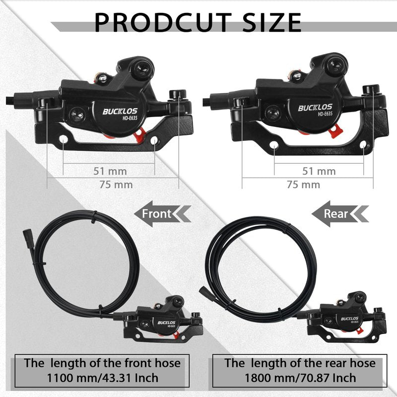 BUCKLOS Ebike Hydraulic Disc Brake Set with 180mm Rotors 2 Pistons Electric Power-Off Left Front 1100mm Right Rear 1800mm Aluminum Alloy Lever for scooter/MTB Mountain Bike(Included Adapters)