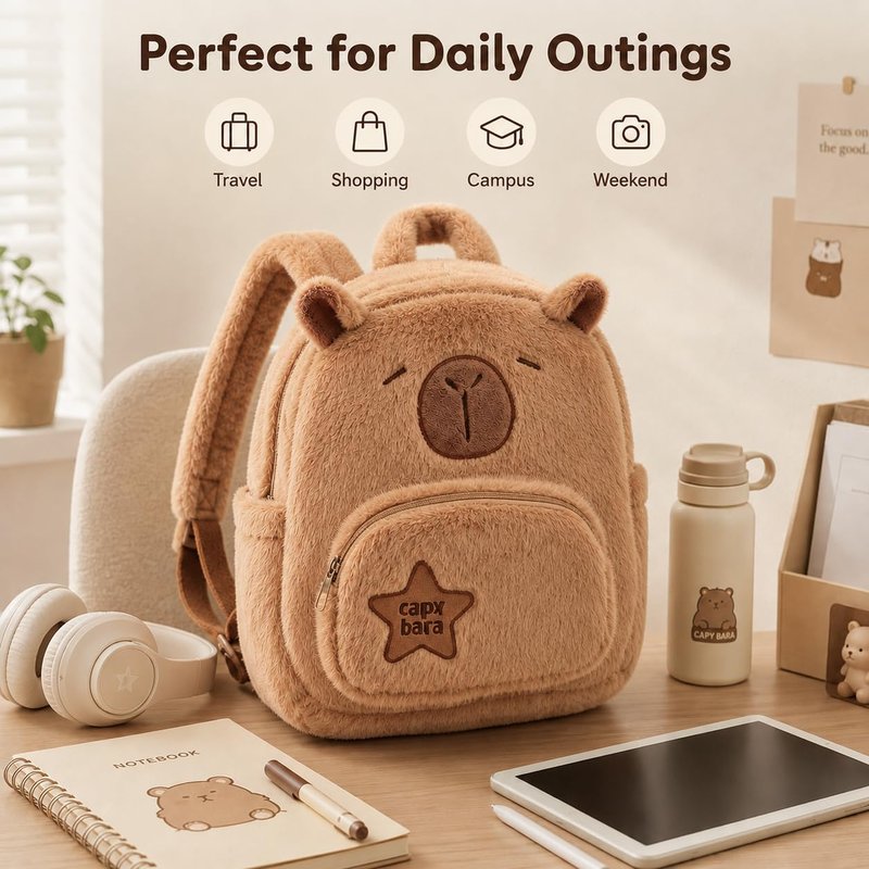 Capybara Plush Backpack, 11.8 Inch Kawaii Capibara Bag with Adjustable Straps, Soft Large Capacity Daypacks for Travel, Festival, Daily Outings, Gift for Teens Girls
