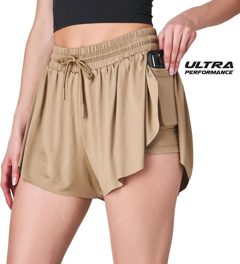 Womens Athletic Running Shorts - 2 Pack Butterfly Flowy 2-in-1 Gym Workout Summer Shorts