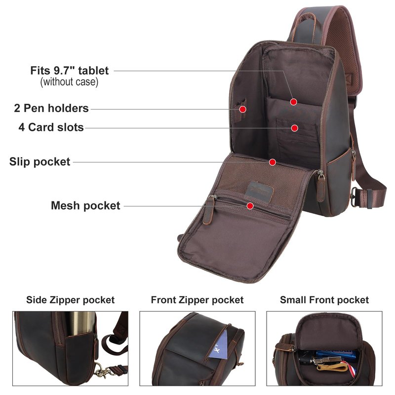 TIDING Genuine Leather Sling Bag Chest Pack for Men Casual Travel Shoulder Bag Sling Backpack fits 9.7" Tablet