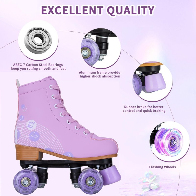 Jessie Roller Skates Women and Girl, PU Leather Light up Kids Roller Skates, Cute Adjustable Four-Wheel Beginner Wome Roller Skates Girls Ages 8-12 Outdoor (Women's 8.5,Purple Printing)