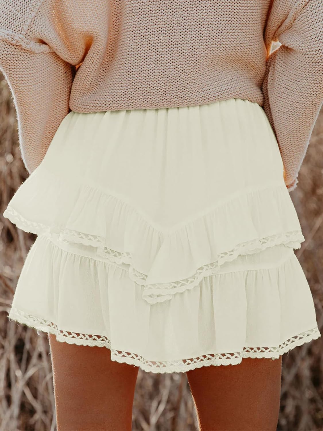 Flowy Shorts for Women - Casual Boho Ruffle Tiered Skorts | High Waist Mini Golf Tennis - Light Yellow L