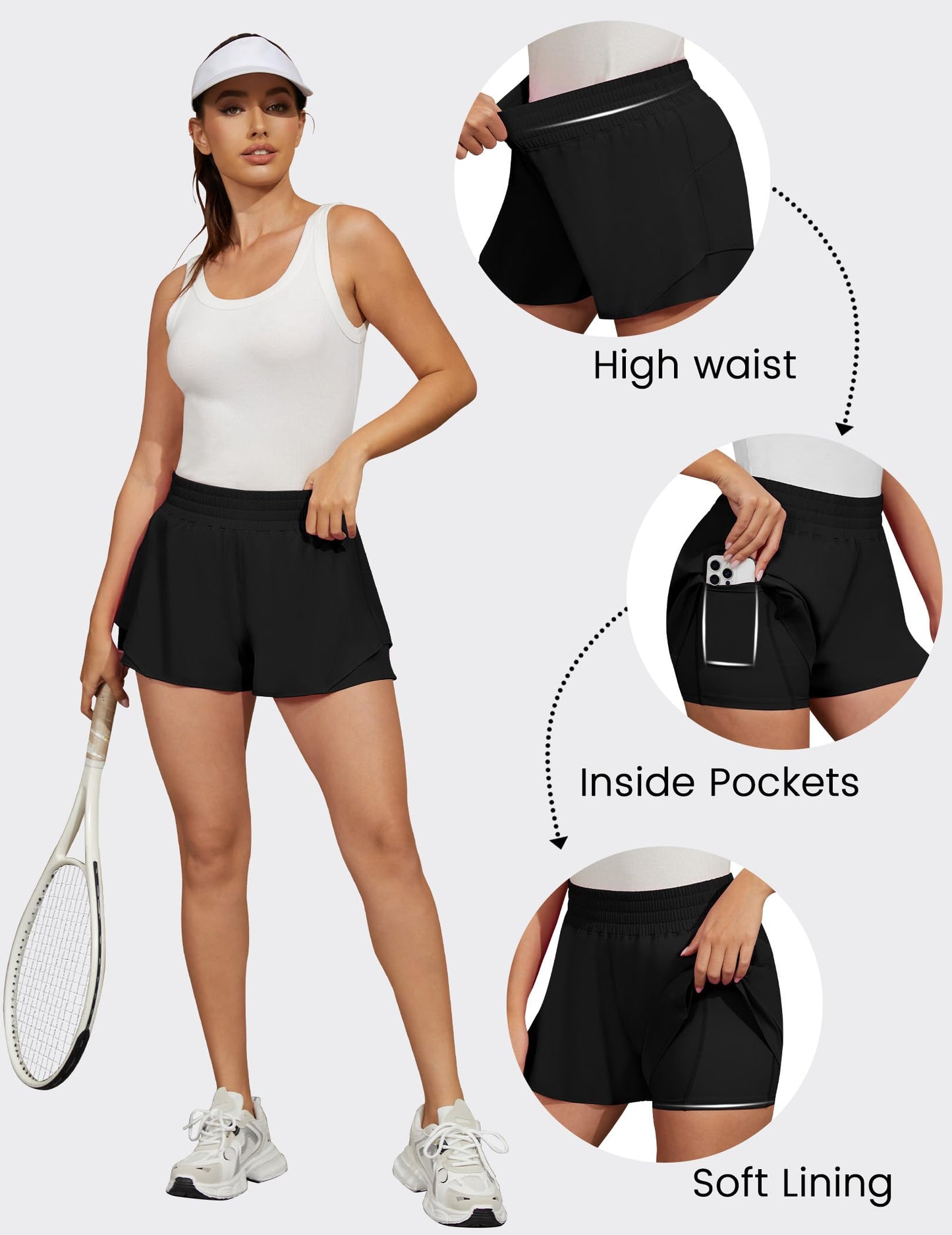 FireSwan Running Shorts for Women 2 in 1 High Waisted Quick Dry Butterfly Flowy Athletic Gym Yoga with Pockets Black Medium
