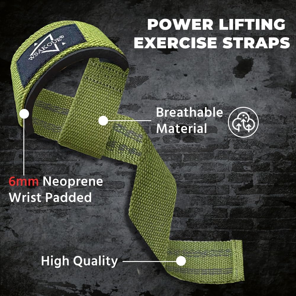 WSAKOUE Lifting Straps, Weightlifting Straps, Deadlift Straps with Padded Neoprene for Power Lifting, Bodybuilding, Gym Workout, Strength Training & Fitness Workout, Resistance - Green