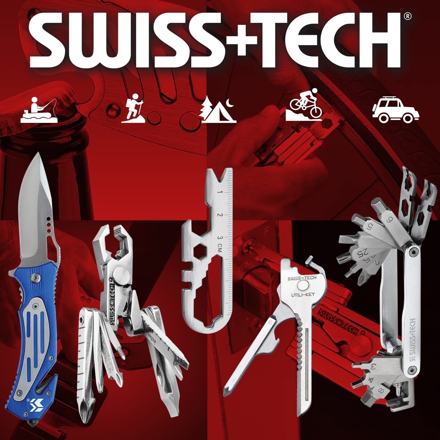 SWISS+TECH ST60300 Key Ring Multi-Tool with LED Flashlight, 7-in-1 Tools, Use for Auto (Single Pack)