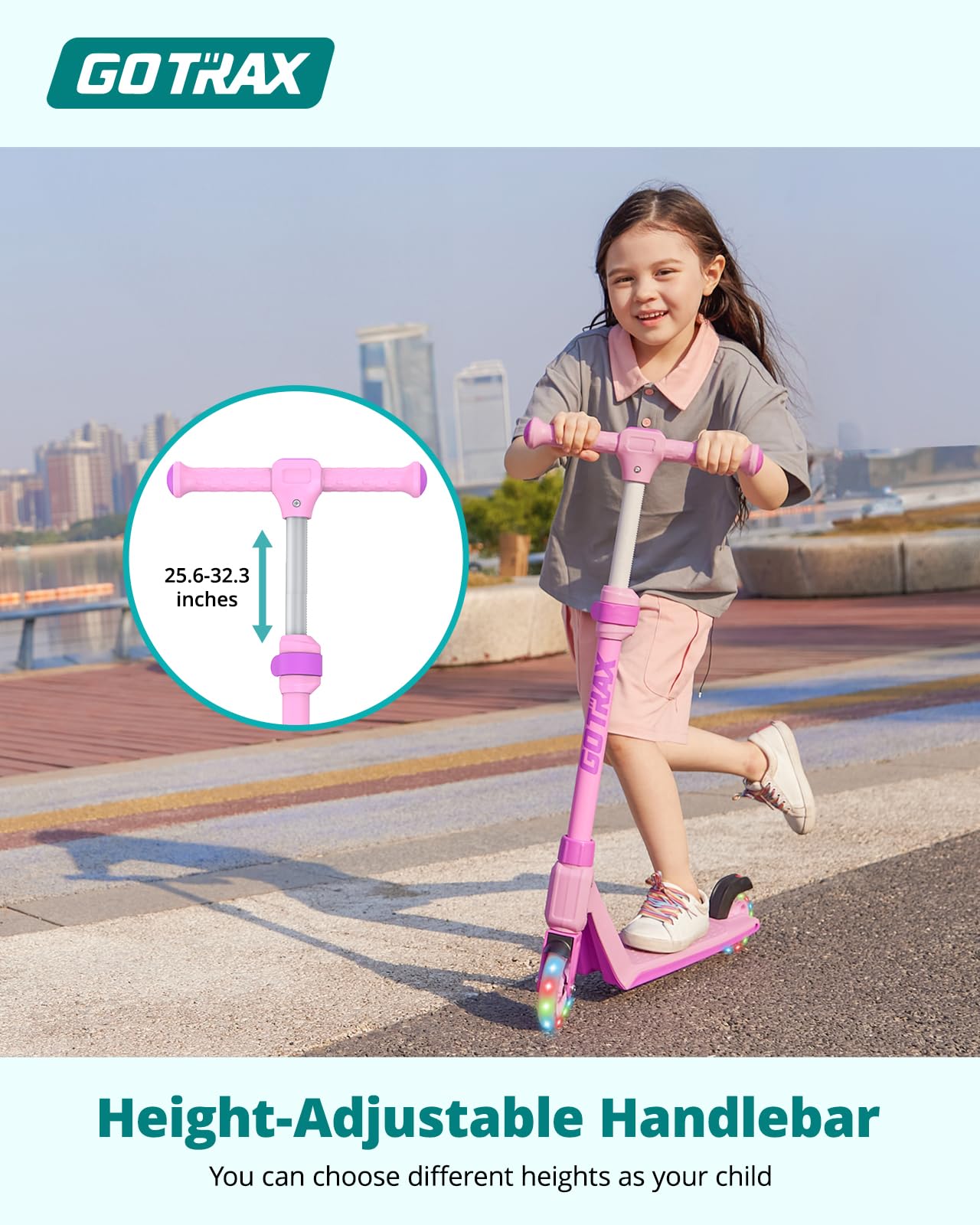 Gotrax K03 Kick Scooter for Kids, 5" LED Lighted Wheels and Adjustable Handlebars, Lightweight Design and Anti-Slip Deck, Max Load 110 Lbs, Kids Scooter for Boys & Girls Ages 3+, Pink