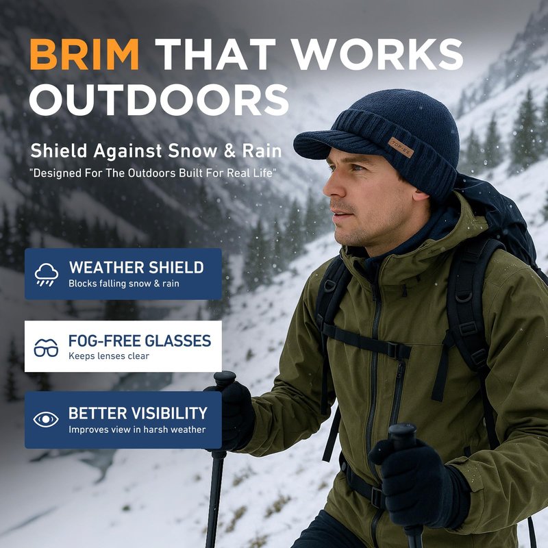 TOP-EX Waterproof Fleece Lined Beanies Hats with Brim for Men Winter Merino Wool Warm Cold Weather Thermal Knit Visor Cap Outdoors Snow Big Head Black Medium Large M L