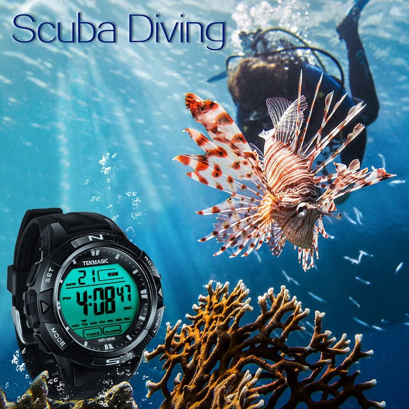 TEKMAGIC 10 ATM Digital Submersible Diving Watch 100m Water Resistant Swimming Sport Wristwatch Luminous LCD Screen with Stopwatch Alarm Function
