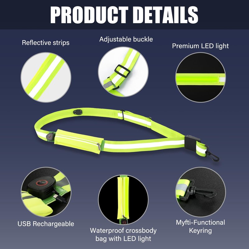 Little World LED Reflective Belt – Rechargeable High Visibility Safety Gear for Night Running, Walking & Cycling - Adjustable Reflective sash for Men Women