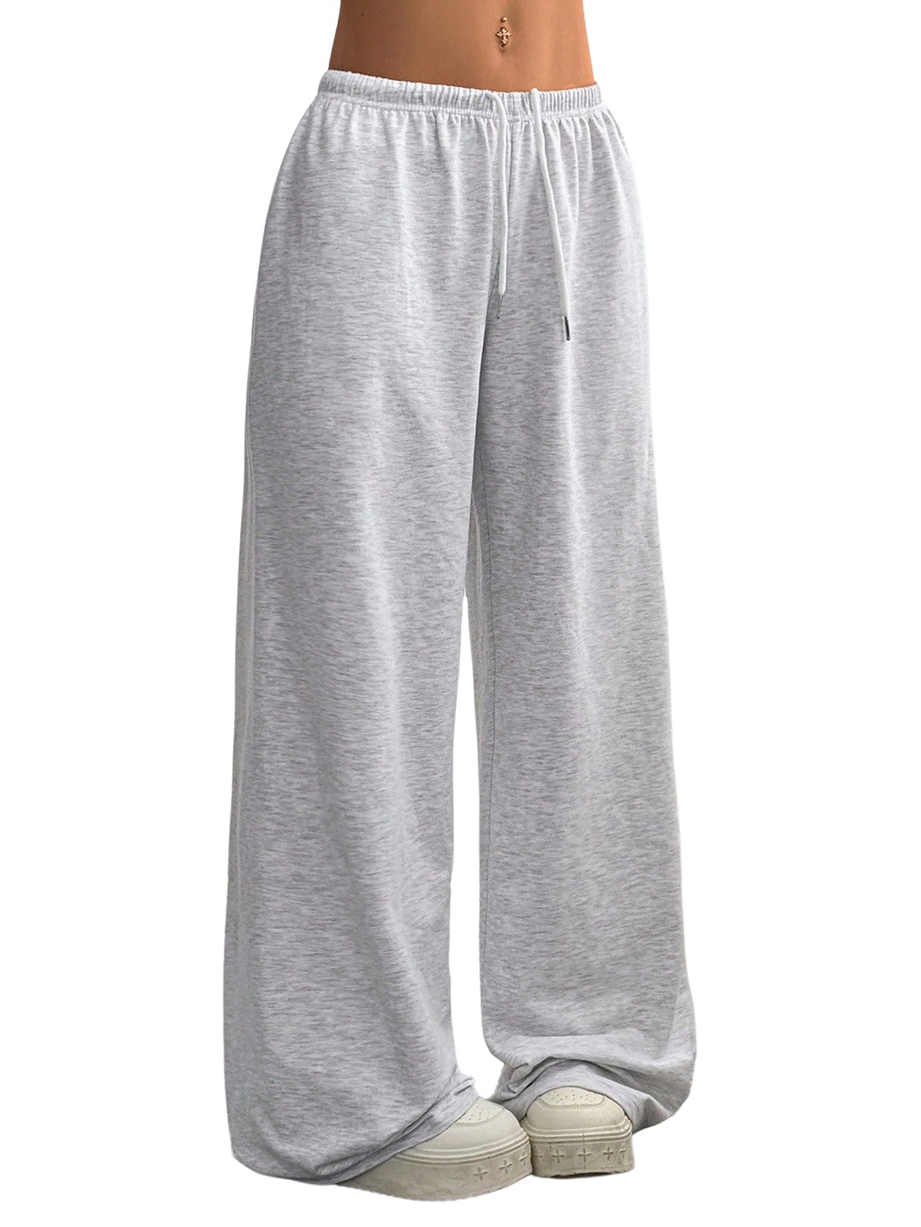 SOLY HUX Women's Baggy Sweatpants Drawstring Waist Wide Leg Loose Casual Long Pants Plain Light Grey Small